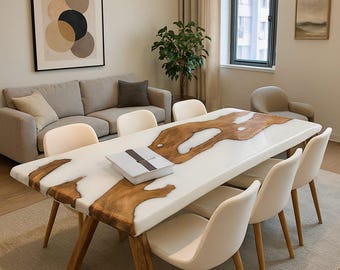 Mesa de comedor de resina epoxi blanca hecha a mano con madera maciza / Mesa de comedor moderna de lujo personalizada