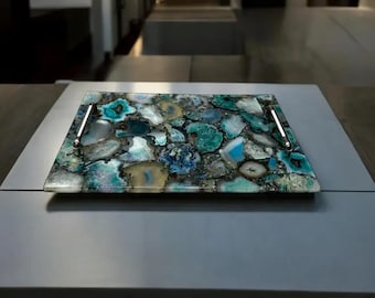 Bandeja de servir de piedra de ágata azul de 30 x 20 cm, hecha a mano, bandeja decorativa para la cocina, ideal como regalo (solo la bandeja).