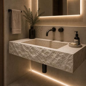 May include: A modern bathroom sink made of textured stone. The sink has a rectangular basin and a black faucet. A dark glass vase with greenery sits on the countertop, along with a soap dispenser and a small tray. A beige towel hangs on a black towel bar.