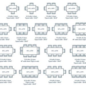 May include: Diagram of various rectangular dining tables with chairs, showing different sizes and seating capacities. Measurements are in feet and inches, with typical widths ranging from 36 to 42 inches. Includes tables from 4 ft to 9 ft long.