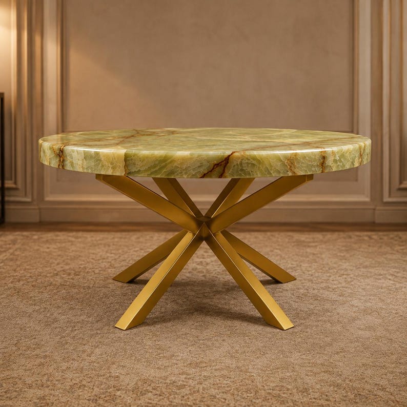 Premium circular stone top showcasing distinctive mineral patterns and glossy edges
Decorative onyx tabletop designed for sophisticated modern lounge interior furniture