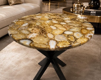 Golden Agate Coffee Table: Round Agate Side Table ,Handmade Gemstone Table