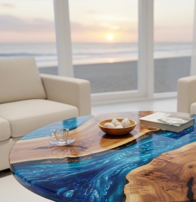 Ocean Wave Epoxy Resin Coffee Table Handmade Wood Coastal Center Table ...