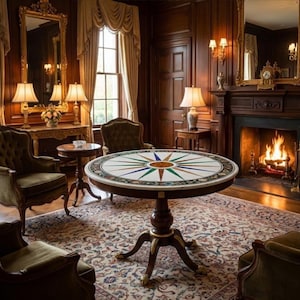 Può includere: Un lussuoso soggiorno con boiserie in legno scuro, specchi dorati ornati e un camino. Un tavolo rotondo con un design a rosa dei venti è al centro, circondato da poltrone in velluto verde. La stanza è illuminata da lampade e luce naturale.