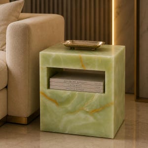 Green Onyx Side Table Onyx Nightstand Stone End Table Luxury Bedside Cabinet Cube Accent Table With Open Shelf Storage