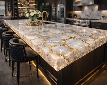 Mesa de comedor de cuarzo blanco con incrustaciones de oro – Encimera de isla de cocina de lujo