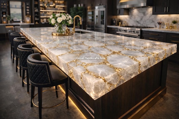 White Quartz Dining Table with Gold Inlay – Luxury Kitchen Island Countertop