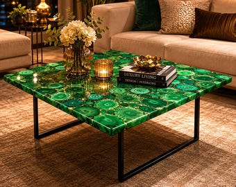 Mesa de centro cuadrada de mármol ágata verde de lujo para sala de estar.