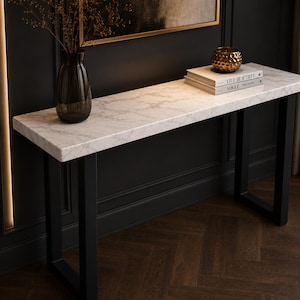 White Quartz Console Table, Modern Entryway Table, Marble Look Console Table, Hallway Table, Sofa Table, Black Metal Base