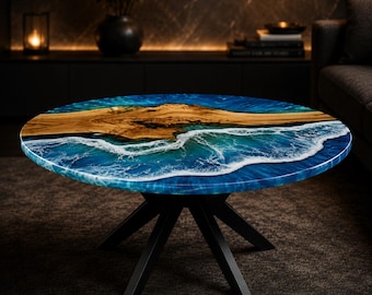 Blue  Ocean Epoxy Resin Coffee Table Round Live Edge Wood Coffee Table Handmade Beach Wave Resin Center Table Modern Living Room