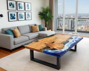 Ocean Wave Epoxy Resin Coffee Table: Live Edge Wood, Modern Decor