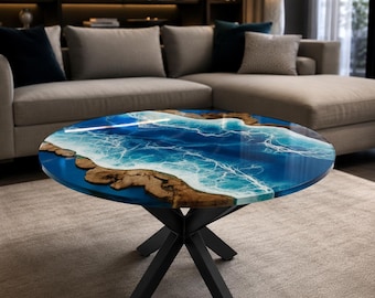 Ocean Resin Coffee Table Round Wood Epoxy Accent Table Coastal Decor Handmade Beach Wave Center Table