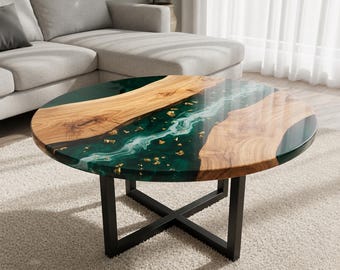 Green Resin River Coffee Table Round Wood Epoxy Coffee Table Handmade Modern Center Table