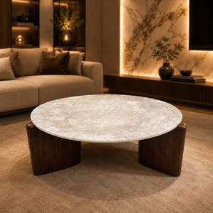 White Quartz Round Coffee Table - Luxury Semi Precious Stone Center Table for Living Room  (Only Table Top).