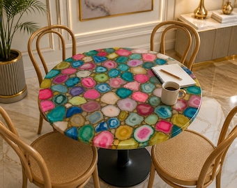 Round Colorful Agate Stone Dining Table for Luxury Dining Room Decor