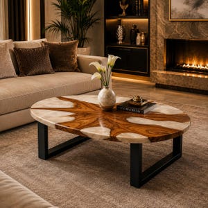 Salontafel van hout en hars, ovaal, epoxy, handgemaakte luxe woonkamermeubels