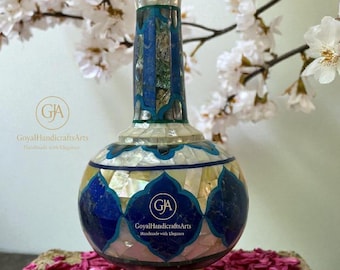 Pot de fleur fait main en marbre | Décoration incrustée de pierre de nacre | Cadeaux de pendaison de crémaillère de luxe de 18 po. (vase uniquement)