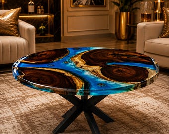 Blue Ocean Wave Epoxy Resin Round Walnut Wood Coffee Table for Living Room