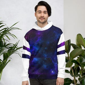 ギャラクシーパーカー ホワイトスリーブ コズミック ユニセックス パーカー 上腕二頭筋ストライプ 宇宙美的 プルオーバー ストリートウェア 夜空セーター