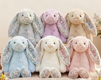Anpassad Flora-kanin, broderad plyschkanin med namn, personlig kanin, blomsterflickapresent, babyshowerpresent, barnkammardekor, present till nyfödd