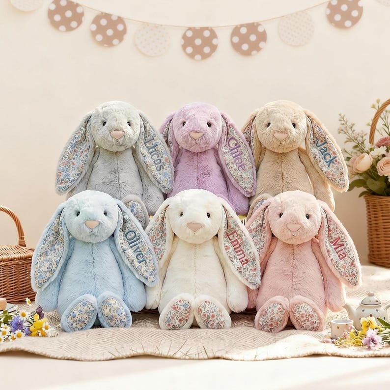 Neutral Rabbit Stuff For Rabbits Embroidery Floral Plush Bunny | Custom Name Bunny | Cottage Style ...