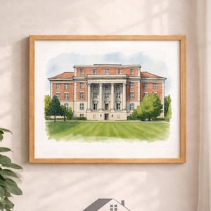 May include: A watercolour painting in a light wood frame depicting a large brick building with a central portico featuring white columns, multiple windows, and a green lawn in the foreground. The text "VERANDA WATERCOLOUR HOUSE PORTRAITS" appears below.