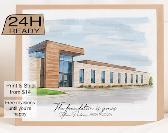 Custom Office Building Portrait, Corporate Retirement Gift for Boss or Coworker, Personalized Company Illustration from Photo