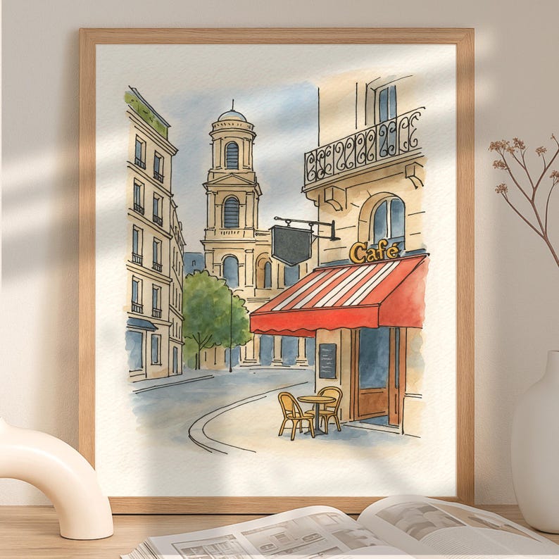 May include: Watercolor painting of a Parisian street scene. The artwork features a cafe with a red and white striped awning, a church, and buildings with architectural details. The painting is framed in a light brown wooden frame.