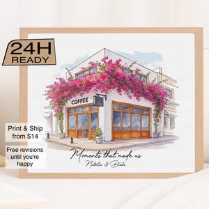 May include: Watercolor illustration of a coffee shop with pink flowers cascading over the entrance. The shop has large windows and a sign that reads "COFFEE". The artwork is framed and includes the text "Moments that made us Natalie & Blake".
