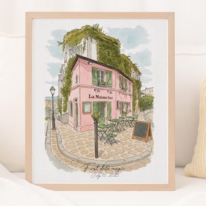 Puede incluir: Impresión en acuarela de un edificio rosa con contraventanas verdes y un letrero que dice "La Maison Rose". El edificio está cubierto de vegetación. La impresión incluye el texto "First date magic" y "July 15, 2025."