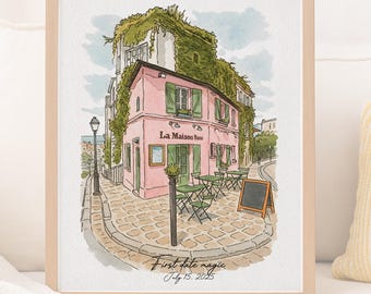 Where We Met Custom Portrait, Personalized Building Illustration, First Date Gift for Couple, Hand-Painted Watercolor