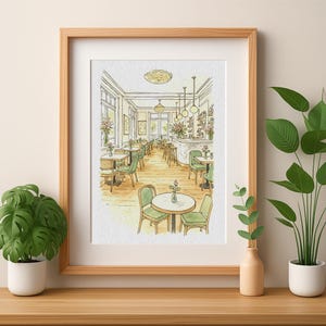May include: Watercolor print of a cafe interior, framed in light wood. The artwork depicts a cafe with round tables, green chairs, and a bar area. The cafe has a light and airy feel, with floral arrangements and hanging lights.