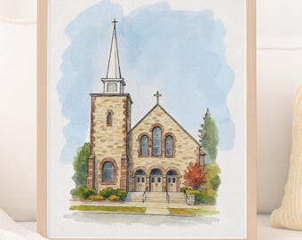 Custom Church Portrait, Pastor or Volunteer Retirement Gift, Watercolor Religious Building Illustration from Photo