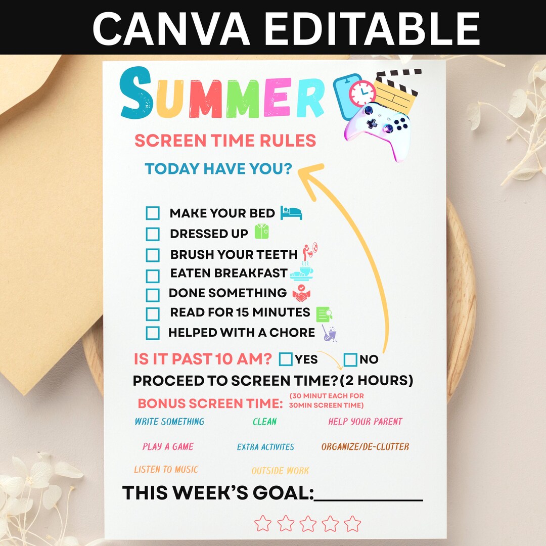 Summer Screen Time Rules Printable for Kids | Children's Summer Routine ...