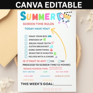 Summer Screen Time Rules Printable for Kids | Children's Summer Routine Chart | Editable Screen Time Checklist and Reminders for Children