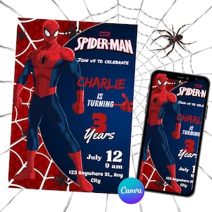 Spiderman Birthday Invitation Canva | Editable Spiderman Party Invite Set | Spiderman kid invite| Spiderman Invite | Spiderman Boy Invite