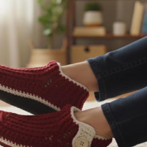 Puede incluir: Un par de zapatillas de ganchillo color burdeos con ribete blanco y suela negra. Las zapatillas tienen un botón en el tobillo. La persona lleva vaqueros azules.