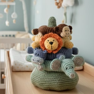 Puede incluir: Un juguete apilable de ganchillo hecho a mano con una base verde, coronado con capas de formas de animales azules, amarillas y marrones. El juguete incluye un elefante, un hipopótamo, un león, un mono y un pequeño adorno verde. Ideal para una guardería.