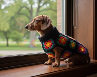 Schema per maglione all'uncinetto per cani "Grandma Square" in PDF - Maglione fai da te per cani di piccola taglia - Download immediato, Maglia all'uncinetto per principianti per cani di piccola taglia da 15 pollici