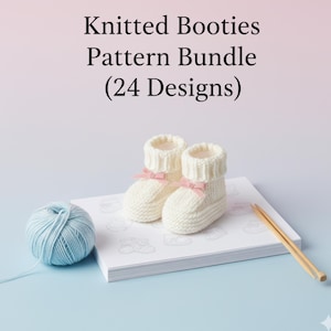 May include: A pair of cream-colored knitted baby booties with pink bows, resting on a white pad with a light blue yarn ball and knitting needles. The text "Knitted Booties Pattern Bundle (24 Designs)" is at the top.