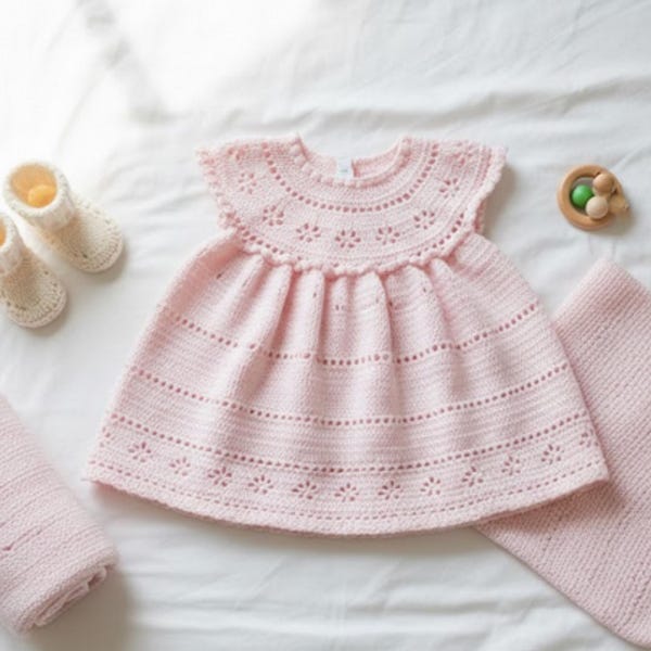 かぎ針編みのベビードレス/簡単なかぎ針編みのパターン-女の子のかぎ針編みのパターン-ドレスと靴のパターン-赤ちゃん、幼児のドレスと靴、