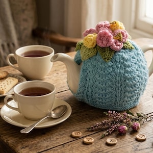 Vintage Floral Tea Cosy Knitting Pattern – English UK Terms (PDF Download)