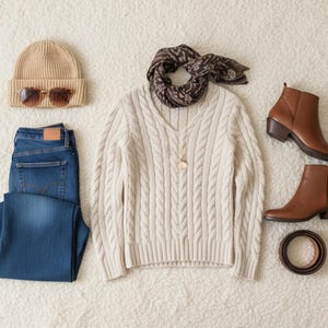 Puede incluir: Vista aérea de un atuendo de otoño sobre una superficie crema. El conjunto incluye un suéter de punto trenzado beige, jeans azules, botines marrones, un gorro beige, gafas de sol, una bufanda estampada y un cinturón marrón.