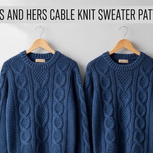 May include: Two cable knit sweaters in a deep blue hue hang on wooden hangers. The sweaters feature a textured cable knit design and are displayed against a neutral background. The text "HIS AND HERS CABLE KNIT SWEATER PATTERN" is at the top.