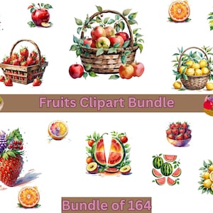Bundle Fruits Clipart, Fruit Watercolor Flowers and Trees, Food Sticker Mug and Shirt Design, Digital Download, Printable PNG