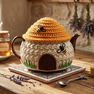 May include: A handmade teapot cosy in the shape of a beehive, with a brown door, green grass, and two embroidered bees. The cosy is made of beige and orange yarn, and rests on a decorative tile.