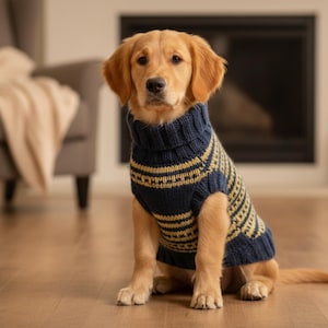 May include: A golden retriever puppy wearing a navy blue and gold patterned sweater. The dog is sitting on a hardwood floor in front of a fireplace and a gray armchair.