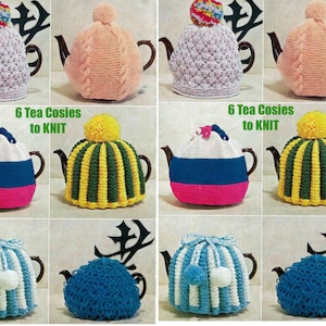 Op de afbeelding: Een verzameling van zes gebreide theemutsen in verschillende kleuren en patronen. De mutsen bevatten ontwerpen met pompons, kabelbreiwerk, strepen en strikken. De tekst "6 Tea Cosies to Knit" is zichtbaar.