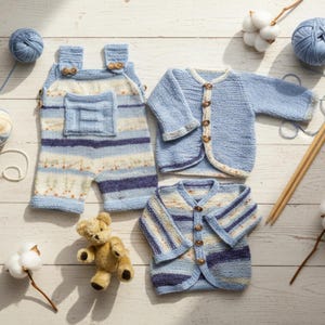 May include: Baby knitwear set in blue and cream, comprising a romper, two cardigans, and a teddy bear. The garments have wooden buttons and are arranged with yarn balls, knitting needles, and cotton sprigs. Measurements are in cm.