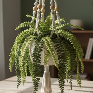 May include: A hanging macramé plant holder with a white pot filled with a lush green fern. The macramé features wooden beads and a tassel. The plant is on a light-coloured wooden table, with a blurred background.